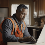 Construction worker anxiously checking computer for update on SSDI application