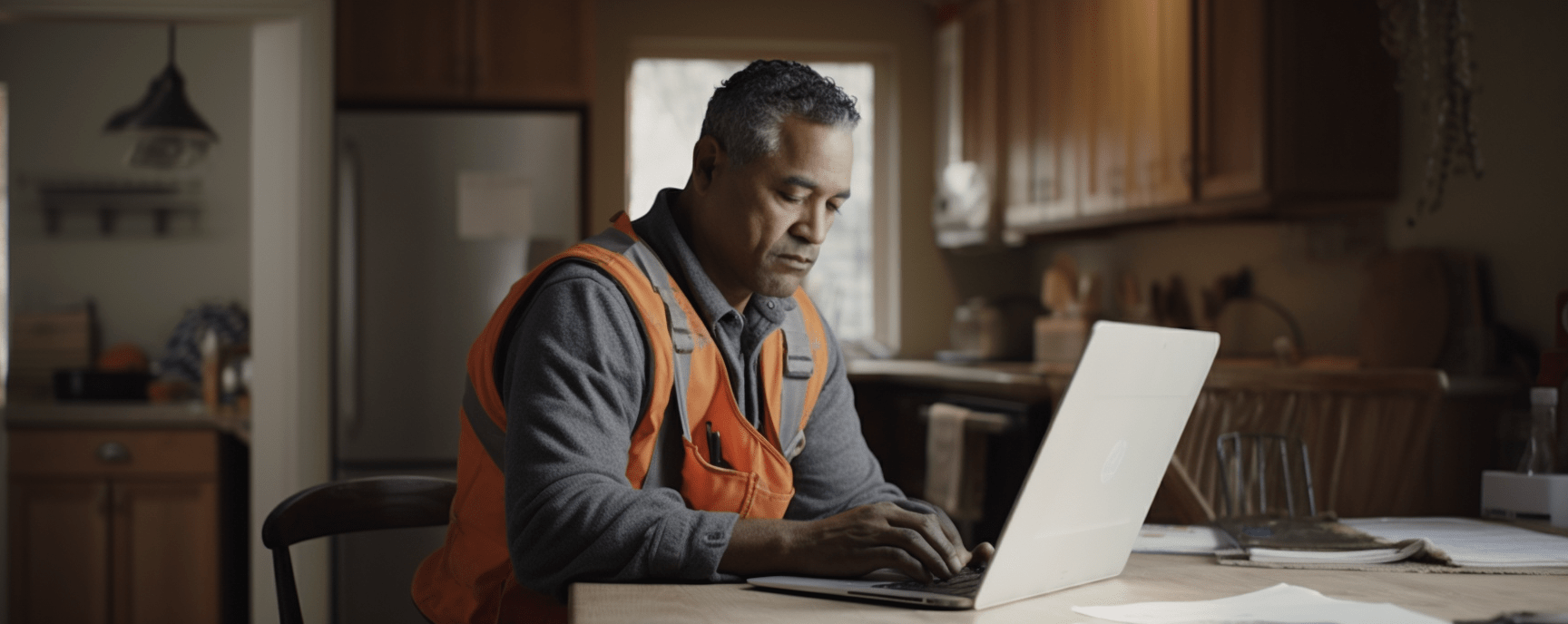 Construction worker anxiously checking computer for update on SSDI application