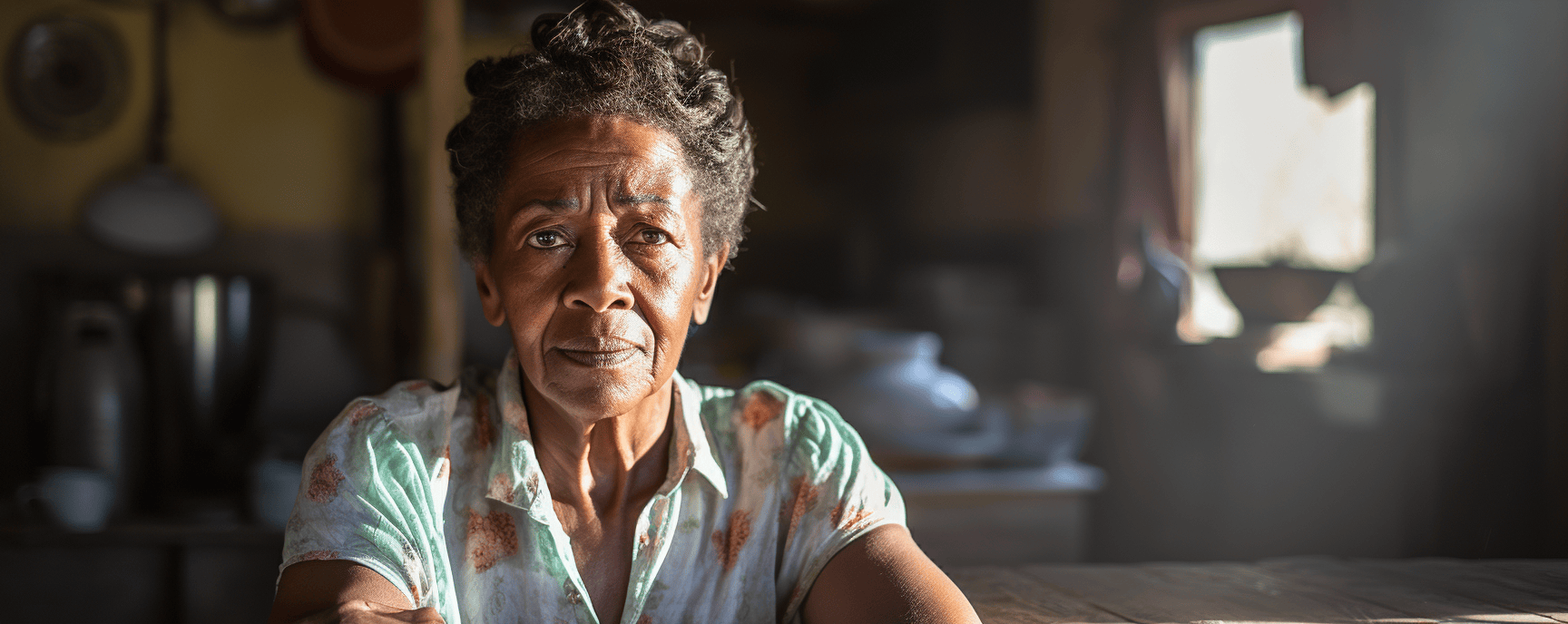 Rural woman sitting at kitchen table