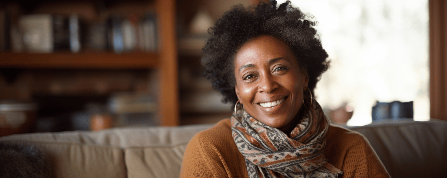 Woman dressed warm in her house smiling sitting on the couch