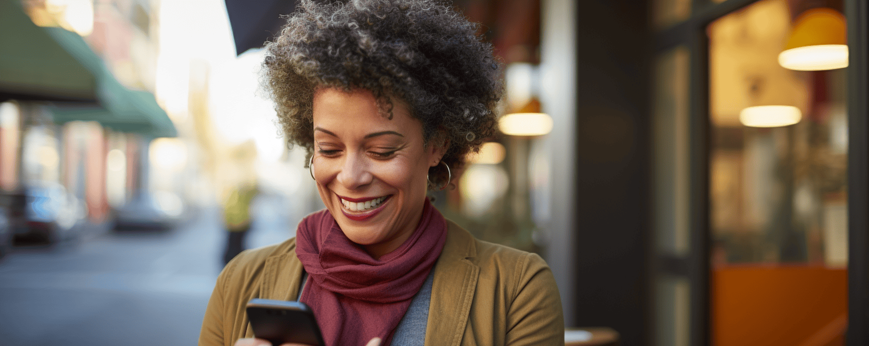 Woman happy looking at her phone after making a claim for lost property